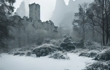A StableDiffusion AI-generated photo of a partially ruined fortress wall in a forest clearing, in the depths of winter, with large mountains in the distance partially obscured by low cloud.