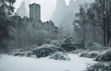 A StableDiffusion AI-generated photo of a partially ruined fortress wall in a forest clearing, in the depths of winter, with large mountains in the distance partially obscured by low cloud.