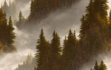A StableDiffusion AI-generated photo of ranks of high-mountain treeline sloping upwards, separated by fog or low cloud.