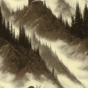 A StableDiffusion AI-generated illustration of a sharply craggy mountainside covered in mist with tall, narrow pine trees and a squat, round fortress in the distance.