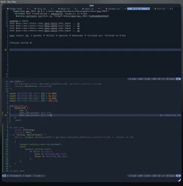 An iPadOS 16.2 floating window showing rust unit tests running in the neovim command line editor under a tmux session.