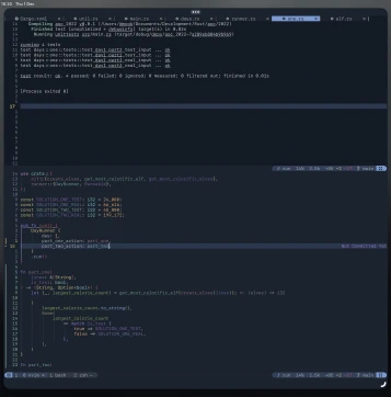 An iPadOS 16.2 floating window showing rust unit tests running in the neovim command line editor under a tmux session.
