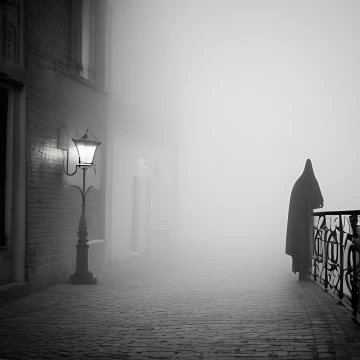 A ghostly silhouette stands behind a railing in the deserted street of a mist-shrouded mediaeval european town.