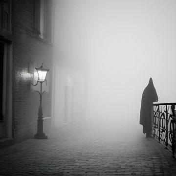 A ghostly silhouette stands behind a railing in the deserted street of a mist-shrouded mediaeval european town.