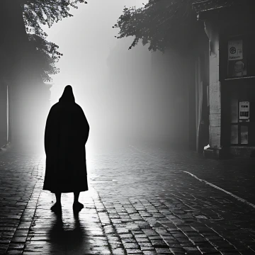 A starkly backlit figure stands in a deserted street in a mist-shrouded mediaeval european town.