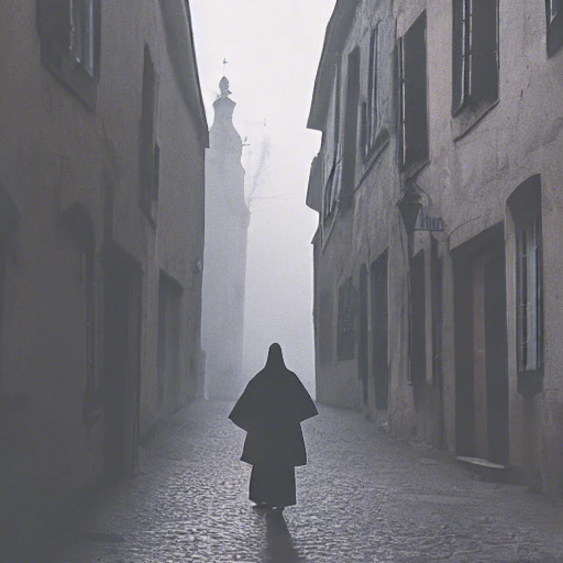 A hooded figure stands in the centre of a deserted street in a mist-shrouded mediaeval european town.