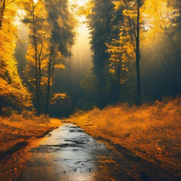 A shallow stream stretches away into forest lit by gold and green from above with rust coloured grasses at its banks.