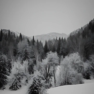 A dim, white deep-winter’s light suffuses a dark-treed forest with a mountain lost in mist beyond.