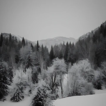 A dim, white deep-winter’s light suffuses a dark-treed forest with a mountain lost in mist beyond.