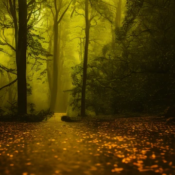 An eerie green light leads a leaf-strewn path into deeper forest.