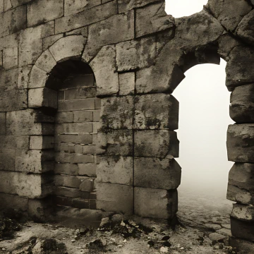 A door in a rough-cut stone wall; only opaque light and fog can be seen behind it.