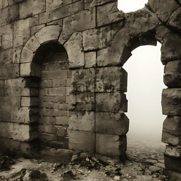 A door in a rough-cut stone wall; only opaque light and fog can be seen behind it.