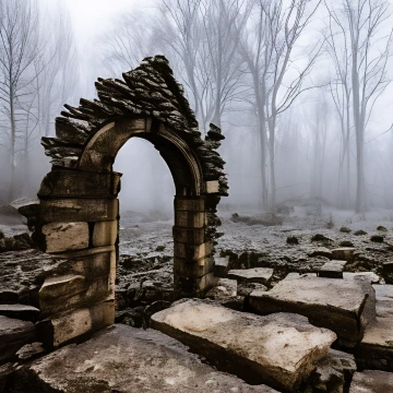 A ruined stone archway stands upright in mist and forest; large stone blocks lie in front of it and skeletal winter trees behind.
