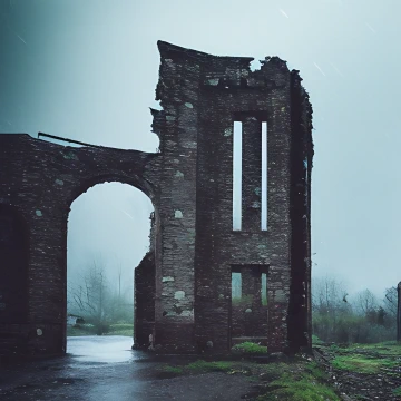 A doorless archway in a mediaeval ruin with no rear; trees can be seen in the mist far behind it.