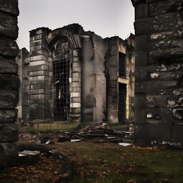 A large, bulky factory building apparently composed of stone, rebar and wire frames. Its arched architecture has fallen into ruin.