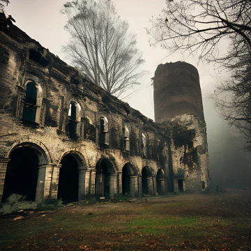 A large stone wall of repeating, empty, arched doorways and windows, ending in something that could either be a tower or a huge smokestack. Set in a forest, covered in lichen.