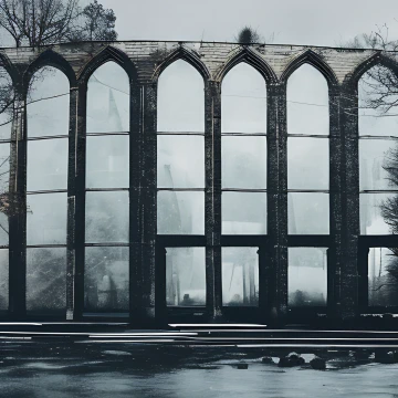 A huge wall of very high, narrow, pointed archways, clearly very old and stained. It is ambiguous if they are glazed and showing reflections or if there is an even larger structure behind them, half-hidden in fog.