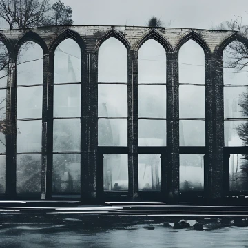 A huge wall of very high, narrow, pointed archways, clearly very old and stained. It is ambiguous if they are glazed and showing reflections or if there is an even larger structure behind them, half-hidden in fog.