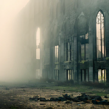 A towering, ruined gothic-arched wall extending out of frame vertically, and into brightly backlit mist to the left of frame.