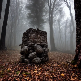 A mound of large stones sit in front of what may be a cylinder of ancient brickwork, possibly a small thin tower, now cut off partway. The setting is a mist-shrouded, wintry forest.