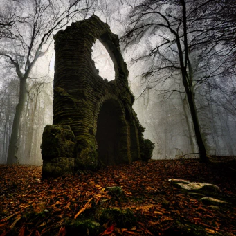 A thick, standalone wall of stone set in a sparse, autumn forest. A large round gap in its top suggests what might have been a window above a large, poorly built arched doorway.