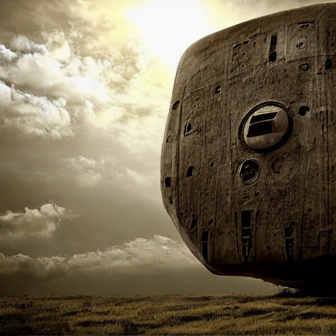 An unusual and alien-seeming structure, bulbous but stone-like, covered in odd openings or windows. Standing on a grassy plain, backlit by sun in a wintry sky.