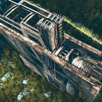 A dirty and disused dam-like structure of industrial technology viewed from an oblique aerial angle, set in a forest. An unexplained line of light is visible against the forest behind it.