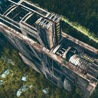 A dirty and disused dam-like structure of industrial technology viewed from an oblique aerial angle, set in a forest. An unexplained line of light is visible against the forest behind it.