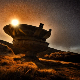 An old-seeming conical dish structure pointing at a sunset sky, set in a hilly grassland. Film grain and dramatic lighting.