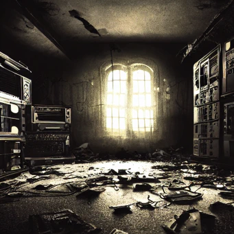 A large and mostly empty room with rubble on the floor and banks of unidentifiable but broken-looking technology lining the walls. A cold, lightly-golden light illuminates the darkness from an arched central window.