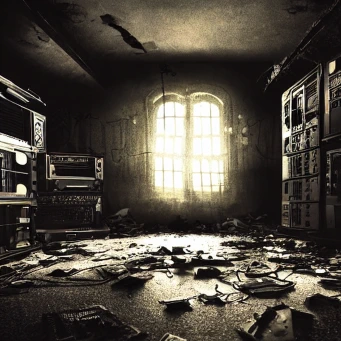 A large and mostly empty room with rubble on the floor and banks of unidentifiable but broken-looking technology lining the walls. A cold, lightly-golden light illuminates the darkness from an arched central window.