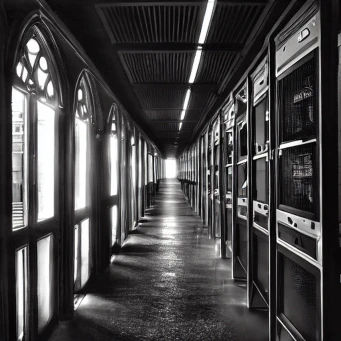 A long corridor stretches into the distance as far as the eye can see, lined with sixties-era, ceiling-high computer cabinets along the right-hand wall, gothic-arched and windowed doorways along the left, through which can been seen hints of the same machinery. Starkly lit from the windows, strip lighting above, and the unseen furthest extent of the corridor.
