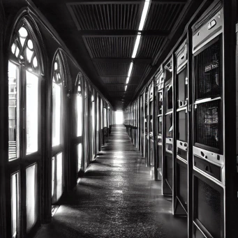 A long corridor stretches into the distance as far as the eye can see, lined with sixties-era, ceiling-high computer cabinets along the right-hand wall, gothic-arched and windowed doorways along the left, through which can been seen hints of the same machinery. Starkly lit from the windows, strip lighting above, and the unseen furthest extent of the corridor.