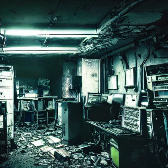 A dark, basement room coldly-lit by florescent bar-lighting on the ceiling showing a rubble-strewn floor, standing cabinets, office bookcases and refrigerator-box machinery in a state of deep disrepair.
