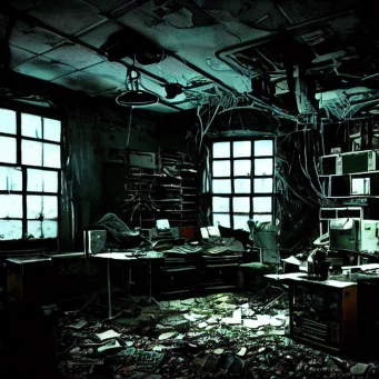 A partially destroyed or burned-out room with rubble on the floor and cables hanging from the ceiling with desks full of unidentifiable but broken-looking technology. An eerie mint-green light illuminates the darkness from two large multi-pane windows.