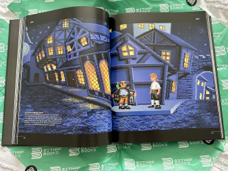 A two-page spread of a scene from the classic Secret of Monkey Island.