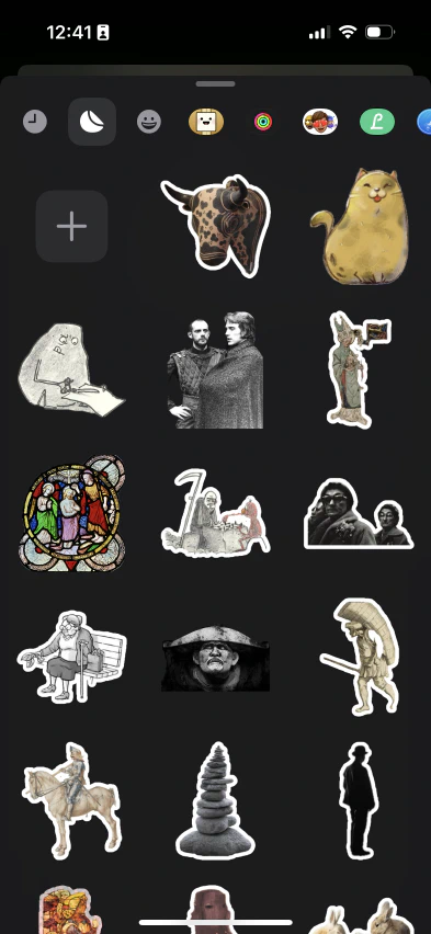 A set of images of cartoons, people and objects sticker-ified in the Messages iOS app.