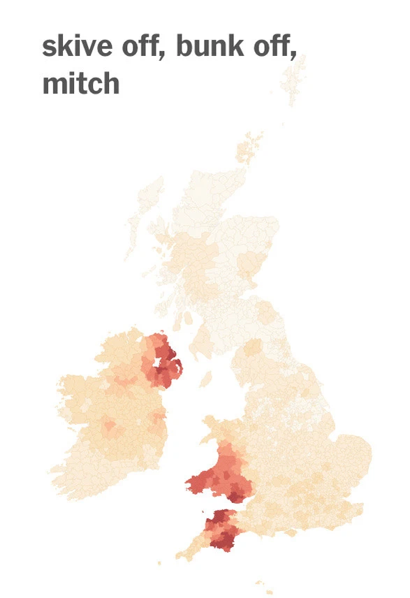 A graphic showing that the terms ‘skive off’, ‘bunk off’ and ‘mitch’ are highly localised to eastern Northern Ireland, south Wales and north and south Devon.