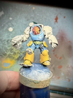 Slowly adding more paint over the primer of this Bombadil-ised Terminator mini. A freehand of clouds and tiny birds has been started on his sky-blue ‘jacket’.

