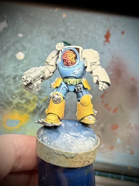 Slowly adding more paint over the primer of this Bombadil-ised Terminator mini. A freehand of clouds and tiny birds has been started on his sky-blue ‘jacket’.