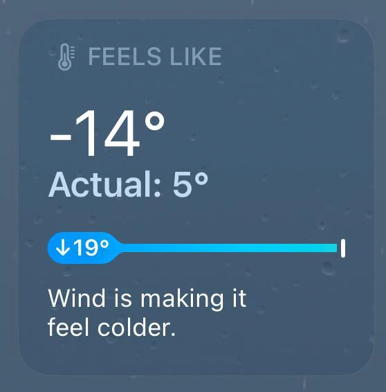 A screenshot of a weather widget showing a ‘feels like’ temperature of -14C due to wind chill.