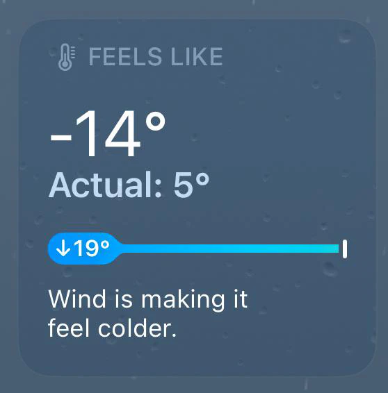 A screenshot of a weather widget showing a ‘feels like’ temperature of -14C due to wind chill.