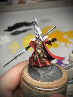 A front view of the mini showing that the only remaining white primer is the helmet, 80’s shoulder pads, and spear tip. Lots of tidy up still needed.
