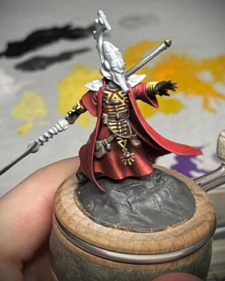 A front view of the mini showing that the only remaining white primer is the helmet, 80’s shoulder pads, and spear tip. Lots of tidy up still needed.