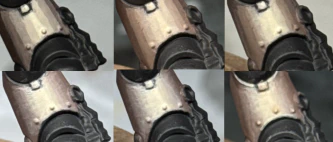 Six macro shots of the lower leg of a Little Man™️ showing different stages in an attempt at blending a curved volume. The first shows nine discrete bands of colour with a bright ivory as the main central highlight, falling off to dark brown for the shadows. The successive images show attempts to blend these stripes together. The final image still shows quite a scratchy, streaky transition.