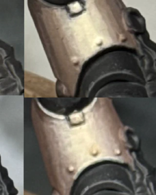 Six macro shots of the lower leg of a Little Man™️ showing different stages in an attempt at blending a curved volume. The first shows nine discrete bands of colour with a bright ivory as the main central highlight, falling off to dark brown for the shadows. The successive images show attempts to blend these stripes together. The final image still shows quite a scratchy, streaky transition.