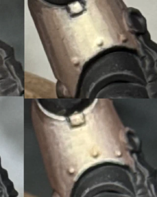 Six macro shots of the lower leg of a Little Man™️ showing different stages in an attempt at blending a curved volume. The first shows nine discrete bands of colour with a bright ivory as the main central highlight, falling off to dark brown for the shadows. The successive images show attempts to blend these stripes together. The final image still shows quite a scratchy, streaky transition.
