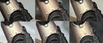 Six macro shots of the lower leg of a Little Man™️ showing different stages in an attempt at blending a curved volume. The first shows nine discrete bands of colour with a bright ivory as the main central highlight, falling off to dark brown for the shadows. The successive images show attempts to blend these stripes together. The final image still shows quite a scratchy, streaky transition.