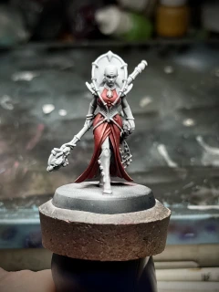A front shot of a charming bald lady (definitely not a bug), mainly still zenithal primer but with a fancy frock that may or may not read as red.
