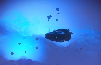 The same little space doodad flies very much below the surface of a gas giant, a hazy electric-blue storm of lightning and rocks.